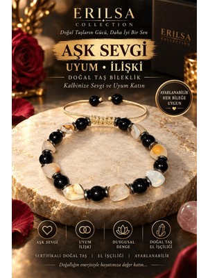 Erilsa Sertifikalı Aşk Sevgi Uyum Ilişki Doğal Taş Bileklik - Doğal Şeffaf Beyaz Akik, Obsidyen