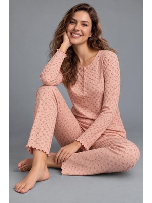 Cotonhause Kadın Uzun Kol Yarım Patlı Raporlu Interlok Somon Pijama Takımı C0T3N98