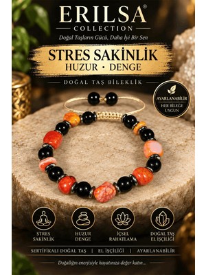 Erilsa Sertifikalı Stres Sakinlik Huzur Denge Doğal Taş Bileklik – Turuncu Akik, Obsidyen
