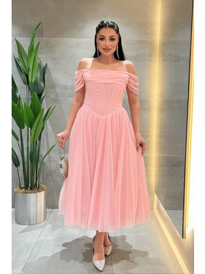 Giyimmasalı Simli Tül Kumaş Balen Detaylı Prenses Elbise - PEMBE-GYM-208