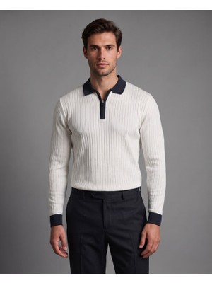 TeknoKapsül Erkek Yakası Fermuarlı Gömlek Yaka Triko - Beyaz / 2xl