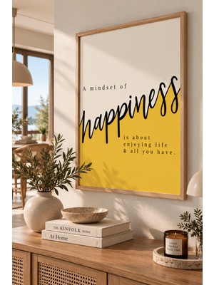 Pegziz Happiness Yazılı Çerçeveli Tablo – Sarı Krem Motivasyon Sözlü Minimalist Modern Duvar Dekoru