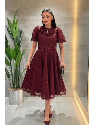 Giyimmasalı Ful Dantel Kumaş Balon Kol Midi Elbise - BORDO-GYM-166