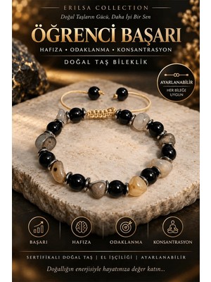 Erilsa Sertifikalı Öğrenci Başarı Hafıza Odaklanma Konsantrasyon Doğal Taş Bileklik - Akik Obsidyen