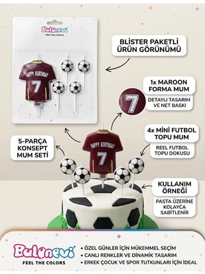 Balonevi Futbol Temalı 5 Parça Doğum Günü Mum Seti – Bordo Forma ve Mini Futbol Toplu Pasta Mumu