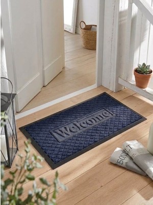 Tiritoğlu Home 45 x 75 cm Lacivert Welcome Yazılı Halı Paspas Kaymaz Taban Iç/dış Mekan
