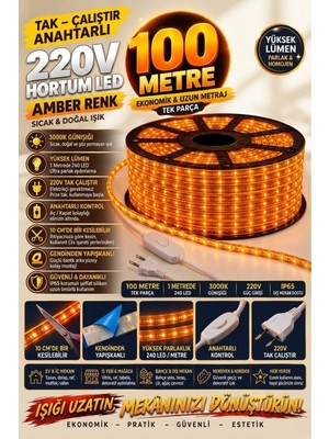 Econa 100 Metre Amber 220V Tak Çalıştır Anahtarlı Şerit LED - Metrede 240 LED Ultra Parlak, Kendinden Yapışkanlı, 10 Cmde Bir Kesilebilir, 3000K Günışığı (Yüksek Lümen & IP65 Dış Mekan)