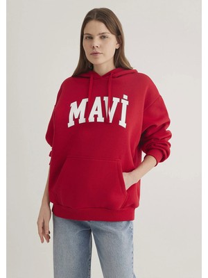 Mavi Mavı Logo Kapüsonlu Sweatshırt Kırmızı