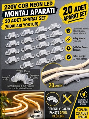 Econa 20 Adet Neon LED Tutucu Klips 1 Vidalı Duvar Aparatı,bağlantı Montaj Aparatı,kroşe,plastik Şeffaf Montaj Aparatı 10X6 mm Cob LED Montaj Aparatı
