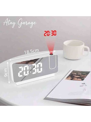Atay Garage Dijital Projeksiyonlu Beyaz Masa Saati Aynalı Ekran Isı Göstergeli Çalar Saat (18.5-9 Cm)