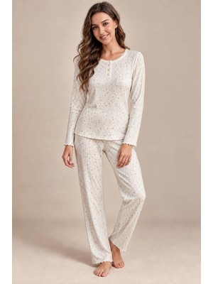 Cotonhause Kadın Uzun Kol Yarım Patlı Raporlu Interlok Ekru Pijama Takımı C6T2N98