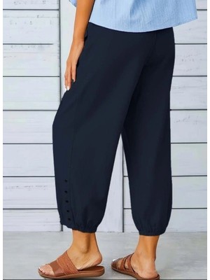 Lune Store Kadın Beli Lastikli Bağcıklı Düğme Detaylı Pantolon