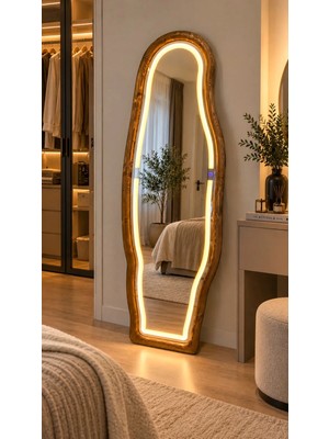 Effe Yapı Dekor Ledli Doğal Ahşap Çerçeveli 180X60 cm ( Ceviz ) Asimetrik Ayaklı Boy Aynası