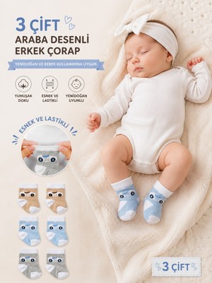 Kral Baby 3 Çift Araba Desenli Pamuklu Esnek Antialerjik Kahverengi Mavi Gri Erkek Yenidoğan Bebek Çorabı (0-1 Yaş)
