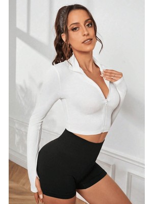 Sofya Passion Kadın Fermuarlı Fitilli Uzun Kollu Crop Üst