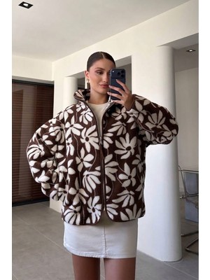 Magarde Premium Çiçek Desenli Fermuarlı Polar- Koyu Kahve