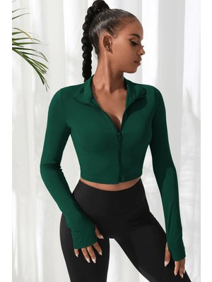 Sofya Passion Kadın Fermuarlı Fitilli Uzun Kollu Crop Üst