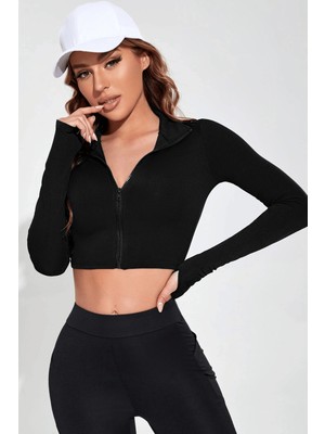 Sofya Passion Kadın Fermuarlı Fitilli Uzun Kollu Crop Üst