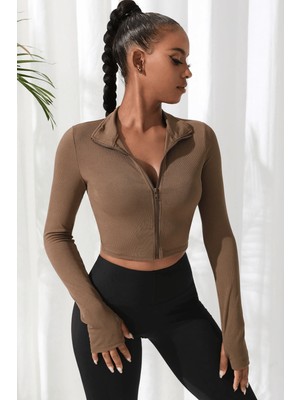 Sofya Passion Kadın Fermuarlı Fitilli Uzun Kollu Crop Üst