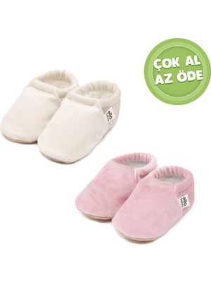 Ella Bonna Kaydırmaz Taban, Kadife Kumaş Ev Botu Bebek Patiği 2'li Ekonomik Paket (Krem-Pudra)
