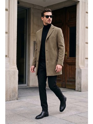 Buratti Haki Mono Yaka Düğmeli Kaşe Kaban Erkek Uzun Kol Pamuk Polyester Normal Kalıp 584002000