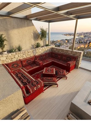 Bakırözü Home 30 cm Yüksek Minderli Otantik Şark Köşesi Takımı Kırmızı Sedir Modeli 18 Parça