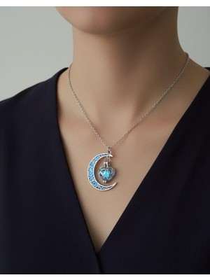 Ferdali Ay Kalp Figürlü Kolye Zirkon Taşlı Kadın Kolye Sevgiliye Hediye Takı