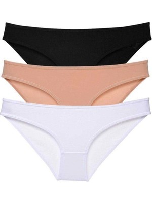 Pileli Store 3 Adet Süper Eko Set Likralı Kadın Slip Külot Siyah Ten Beyaz