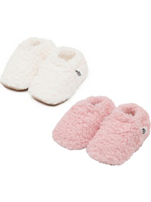 Ella Bonna Teddy Bebek Ev Patiği, Kaydırmaz Taban,kreş Ayakkabısı Patiği 2'li Ekonomik Paket (Pudra-Beyaz)