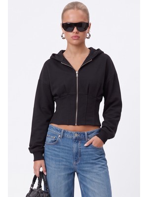 Ritnice Kadın Novis Beli Lastikli Slim Kalıp Siyah Kapüşonlu Sweatshirt