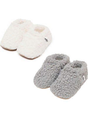 Ella Bonna Teddy Bebek Ev Patiği, Kaydırmaz Taban,kreş Ayakkabısı Patiği 2'li Ekonomik Paket (Beyaz-Gri)