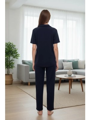 MiraLive Özel Tasarım Kadın Lacivert Polo Yaka Pijama Takımı %100 Pamuk