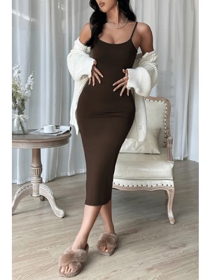 Sofya Passion Kadın Ince Askılı Yırtmaçlı Midi Elbise