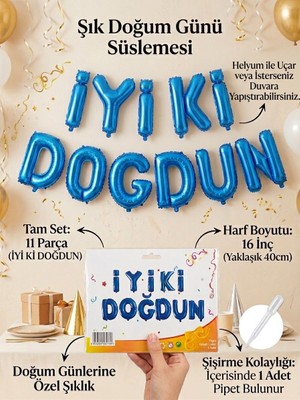 Partyora Iyi Ki Doğdun Mavi Folyo Harf Balon Seti 16 Inç (11 Parça Pipet Dahil Doğum Günü Balonu)