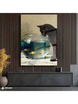 Holda Props Cam Tablo Kedi ve Akvaryum Balıkları Hayvan Tablosu Duvar Dekorasyonu