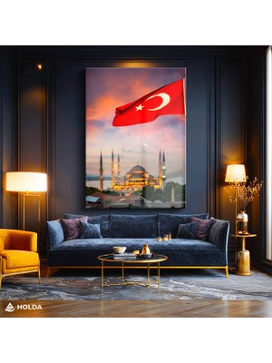 Holda Props Cam Tablo Türk Bayrağı ve Sultanahmet Camii Mimari Tablo Duvar Dekorasyonu