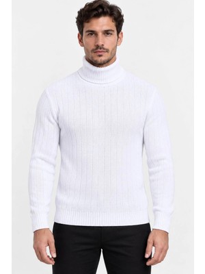 Asmedo Erkek Balıkçı Yaka Tam Boğazlı Kalın Fitilli Regular Fit Triko Kazak - Beyaz