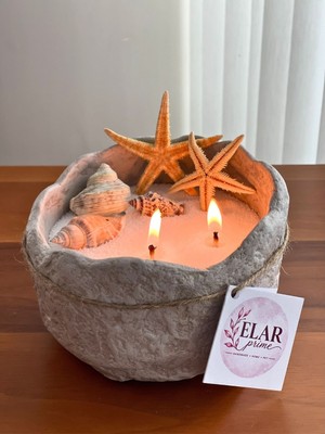 Elar Home Elar Handmade El Yapımı Dekoratif Papier-Mâché Kase – Okyanus Kokulu Toz Mum & Doğal Deniz Kabuğu