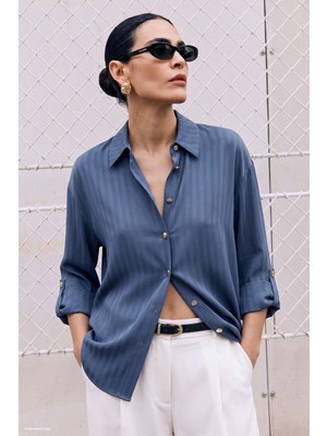 Sateen Çizgili Kolu Katlama Detaylı Gömlek - Indigo