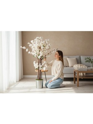 Erhan Flowers Yapay Salon Çiçegi Yapay Ağaç Beyaz Bahar Dalı 100 cm Siyah Gümüş Saksı