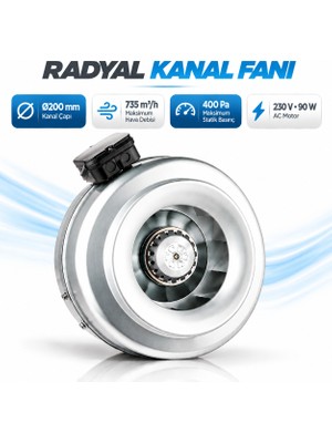 Badem10 Yuvarlak Radyal Kanal Fanı Ø200 mm 735 M³/h 90W 230V Geriye Eğimli Kanatlı Havalandırma Fanı