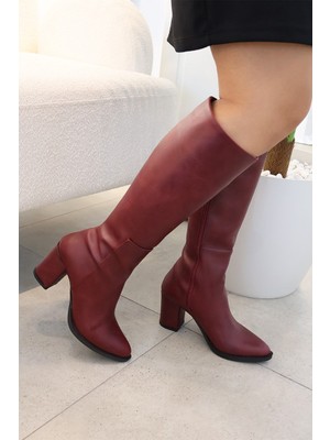 Asmi Shoes Kadın Lamor Bordo 7 cm Topuklu Yandan Fermuarlı Diz Altı Çizme 400