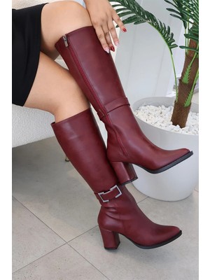 Asmi Shoes Kadın Lamor Bordo 7 cm Topuklu Tokalı Yandan Fermuarlı Diz Altı Çizme 410