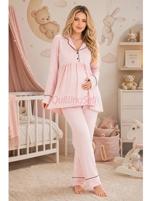 Quilling Bebe Pembe Renkli Kol ve Paçaları Manşetli, 33202 Uzun Kol, 2 Parça Lohusa Hamile Pijama Takımı