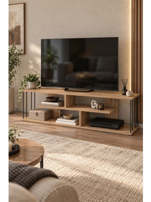 Sulorahome Ceviz Desenli 140 cm Tv Ünitesi ve Raf Sistemli Televizyon Sehpası