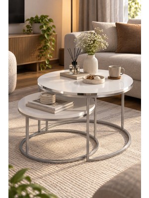 Sulorahome Gümüş Metal Ayaklı Beyaz 2'li Yuvarlak Orta Sehpa Seti
