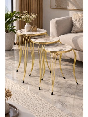 Sulorahome Beyaz ve Gold Lükens Ayaklı 3'lü Zigon Sehpa Takımı