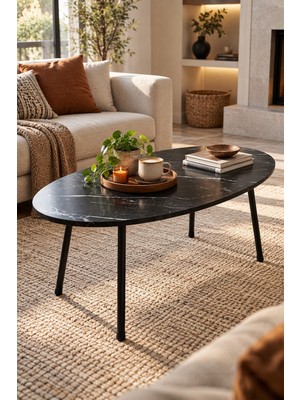 Sulorahome Siyah Oval Orta Sehpa Metal Ayaklı