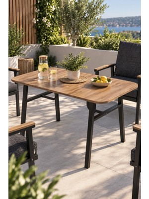 Sulorahome Ahşap Desenli Bahçe Masası ve Metal Ayaklı Dış Mekan Masası