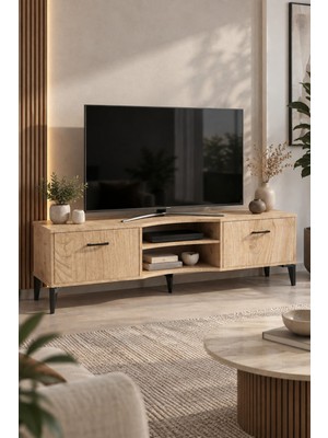 Sulorahome Bej Suntalam Tv Sehpası 160X35 cm Sepet Desenli ve Kapaklı